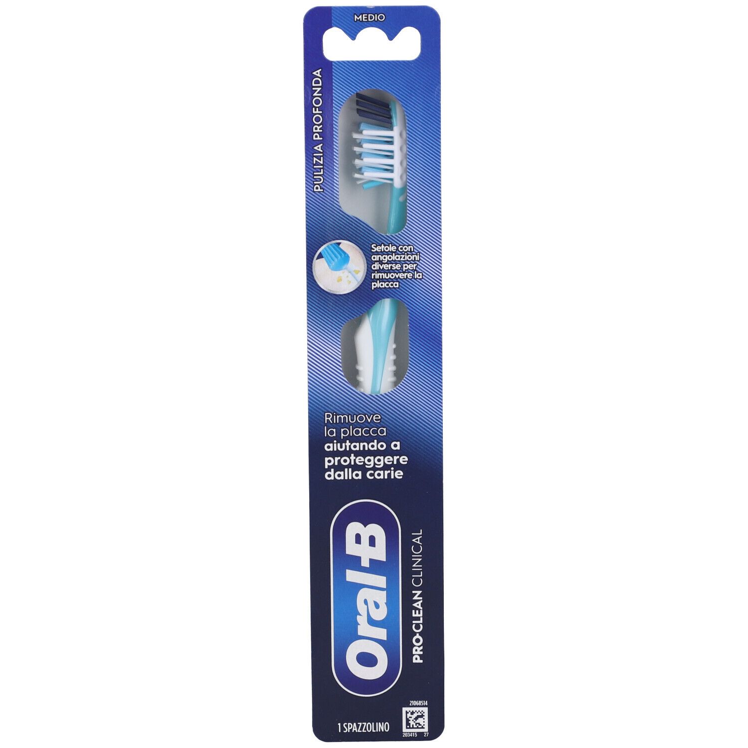 Spazzolino Oral-B Pro-Clean Clinical. Manico blu, setole bianche e blu. Confezione.