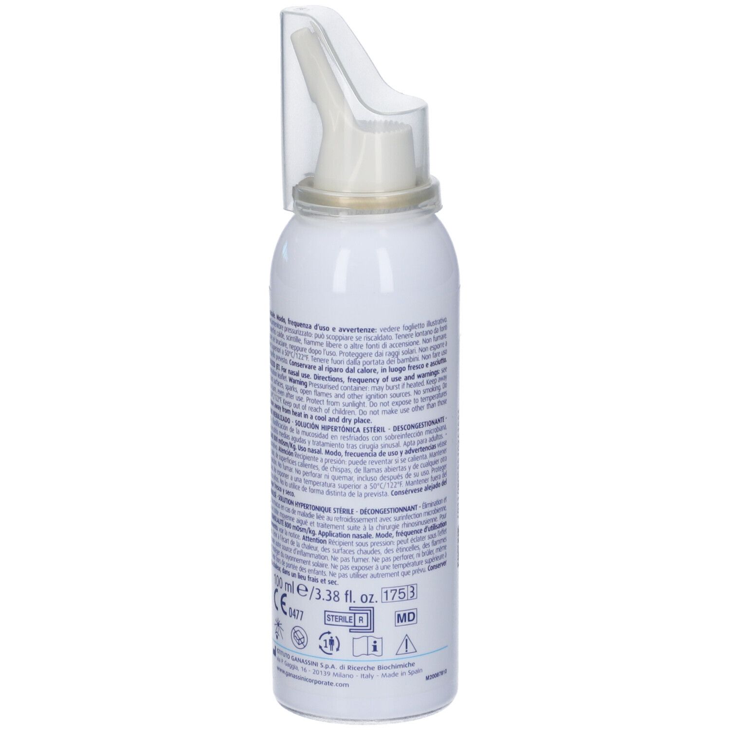 Weiße Sprühflasche mit Nasenaufsatz. Rückseite mit Text. Aufschrift: TONIMER Panthexyl. Volumen: 100 ml.