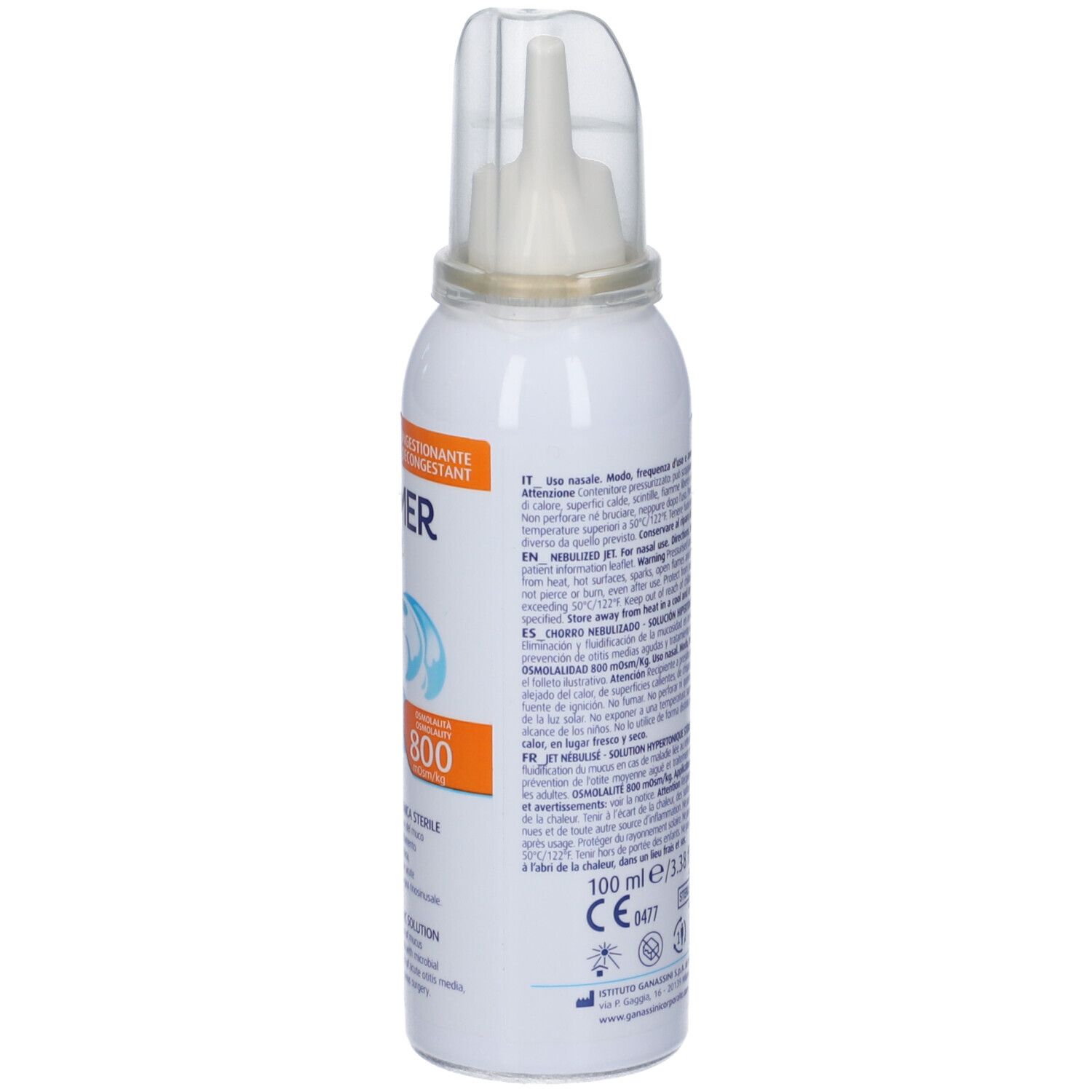 Weiße Sprühflasche mit Nasenaufsatz. Aufschrift: TONIMER Panthexyl, Spray, 800. Volumen: 100 ml.