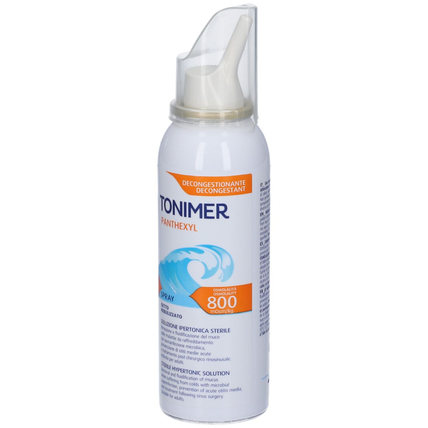 Weiße Sprühflasche mit Nasenaufsatz. Aufschrift: TONIMER Panthexyl, Spray, 800. Wellen-Grafik.