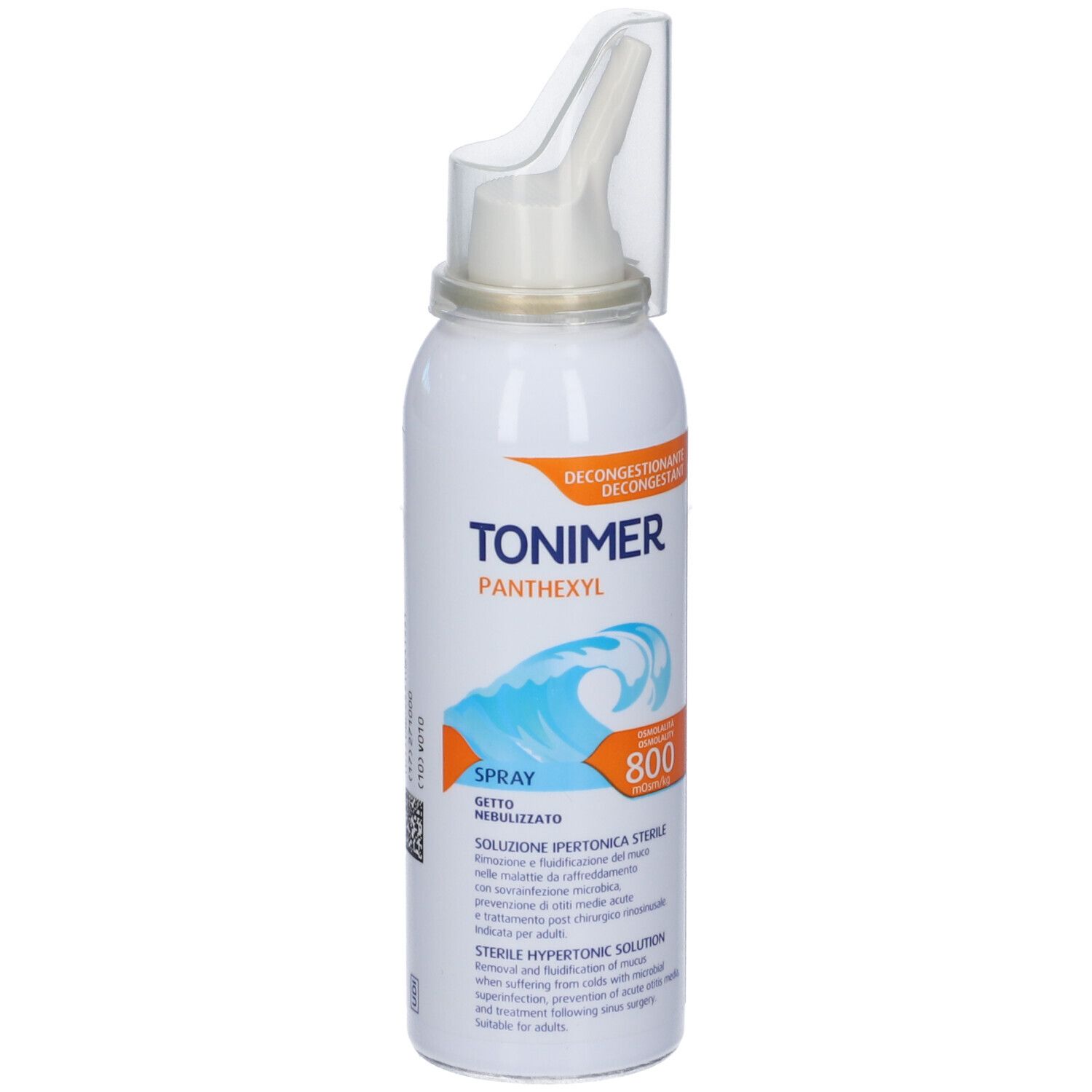 Weiße Sprühflasche mit Nasenaufsatz. Aufschrift: TONIMER Panthexyl, Spray, 800. Wellen-Grafik.