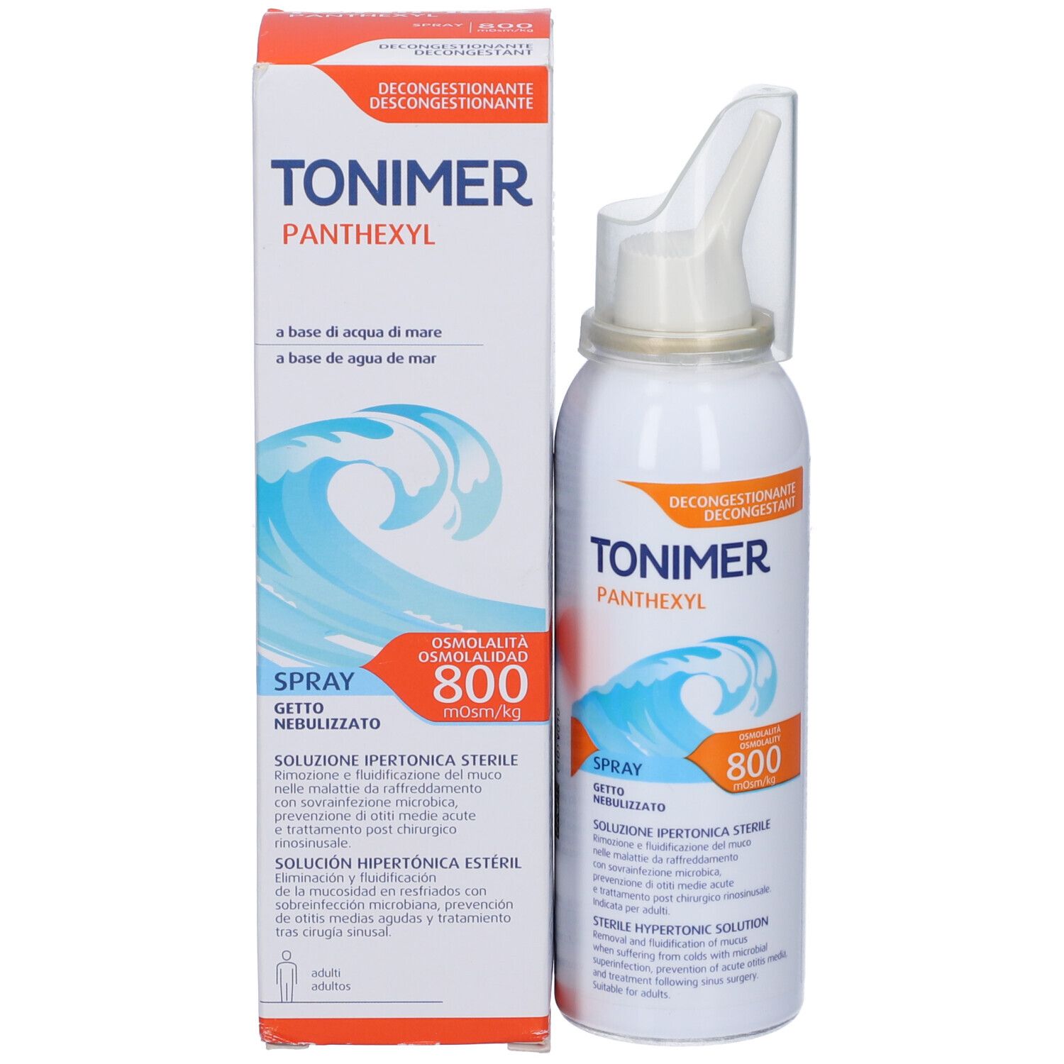 Produkt und Verpackung. Weiße Sprühflasche und Karton. Aufschrift: TONIMER Panthexyl, Spray, 800.