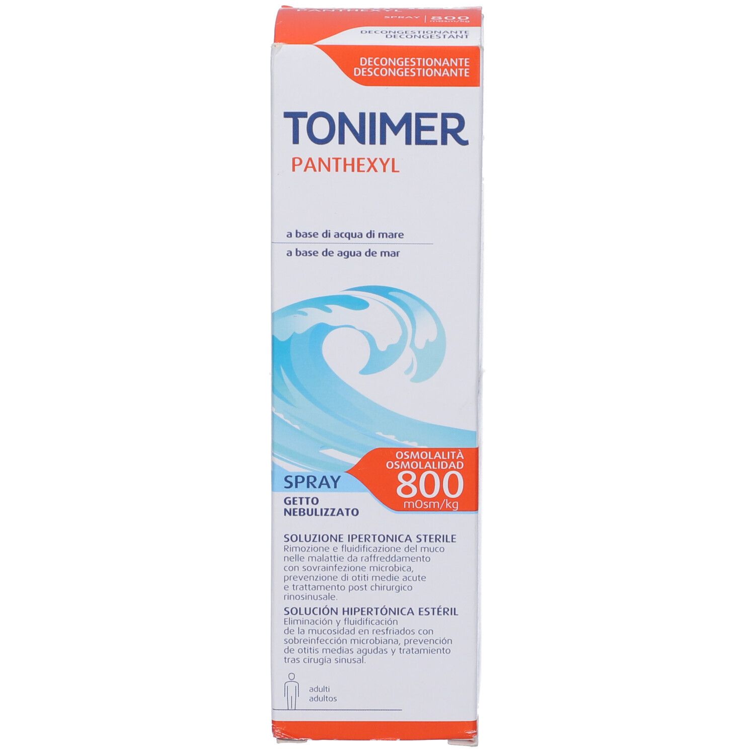 Kartonverpackung. Aufschrift: TONIMER Panthexyl, Spray, 800. Wellen-Grafik. Text.