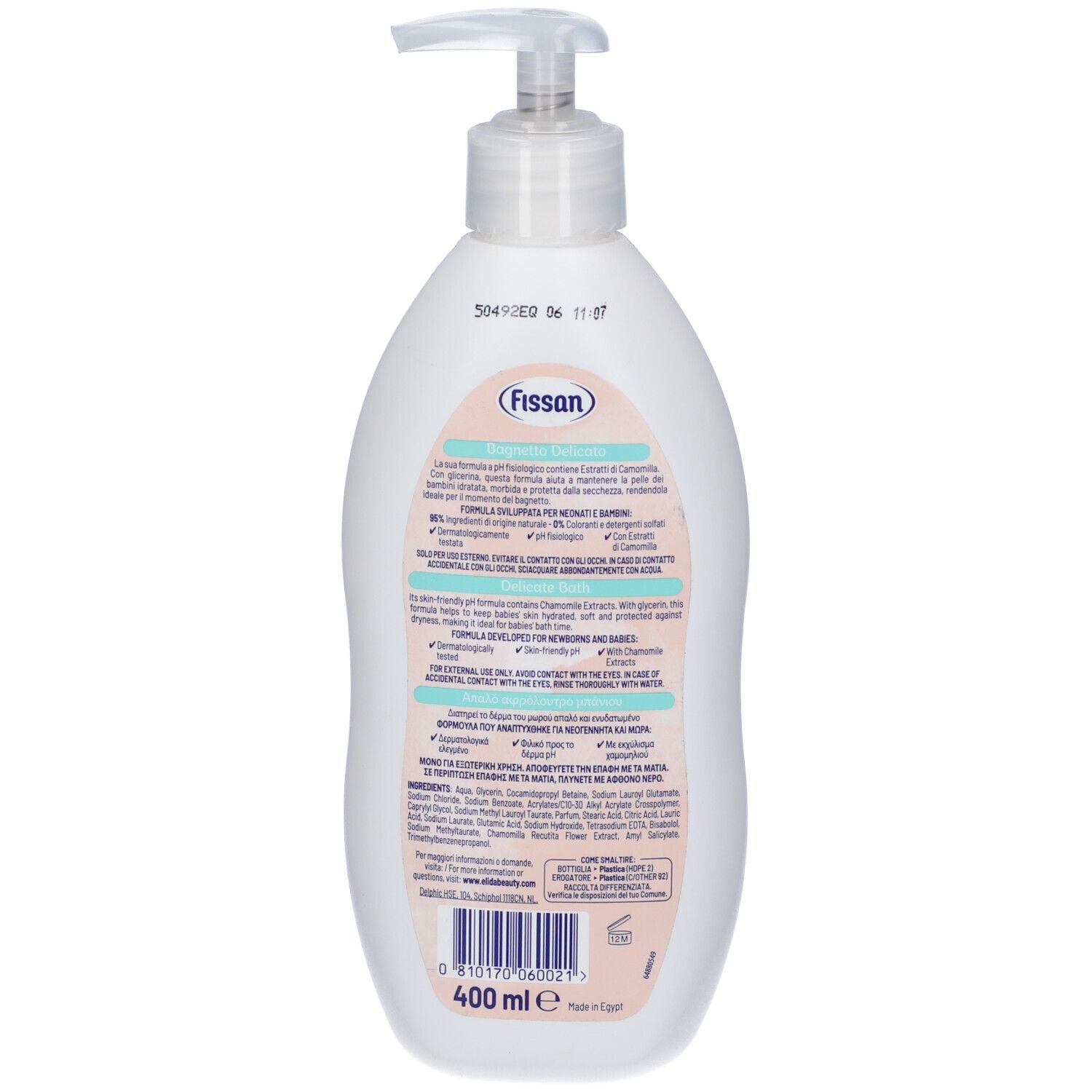 Weiße Pumpflasche mit Fissan Babywaschmittel, 400 ml.