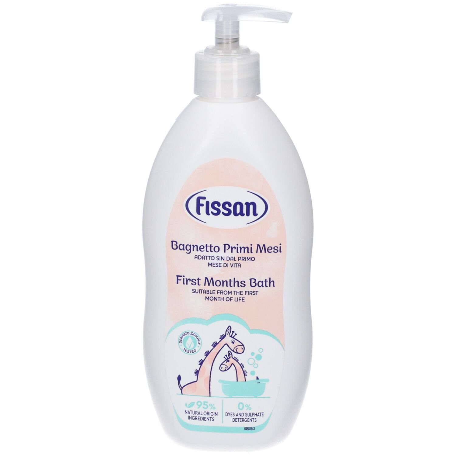 Dispenser Fissan First Months Bath con pompa. Flacone bianco con etichetta rosa e motivo giraffa.