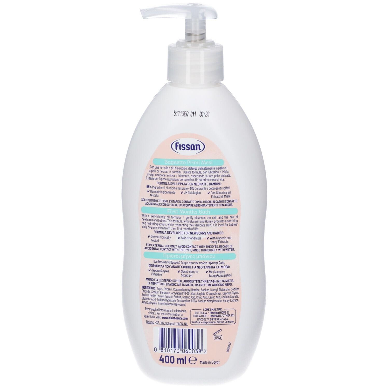 Flacone dispenser bianco con pompa, 400 ml di gel lavante Fissan.