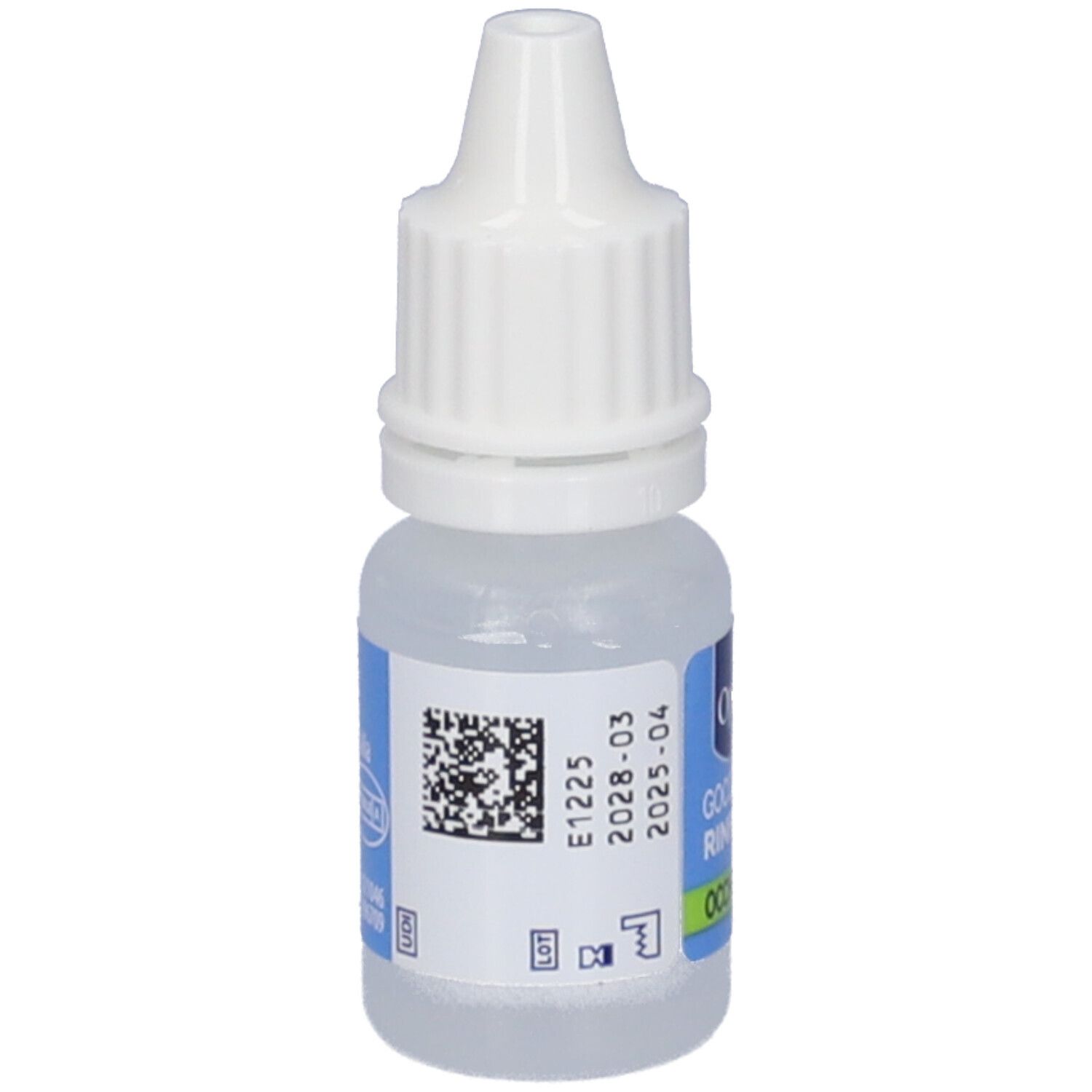 Transparente Flasche mit weißem Verschluss. QR-Code und Verfallsdatum auf dem Etikett. Für müde Augen.
