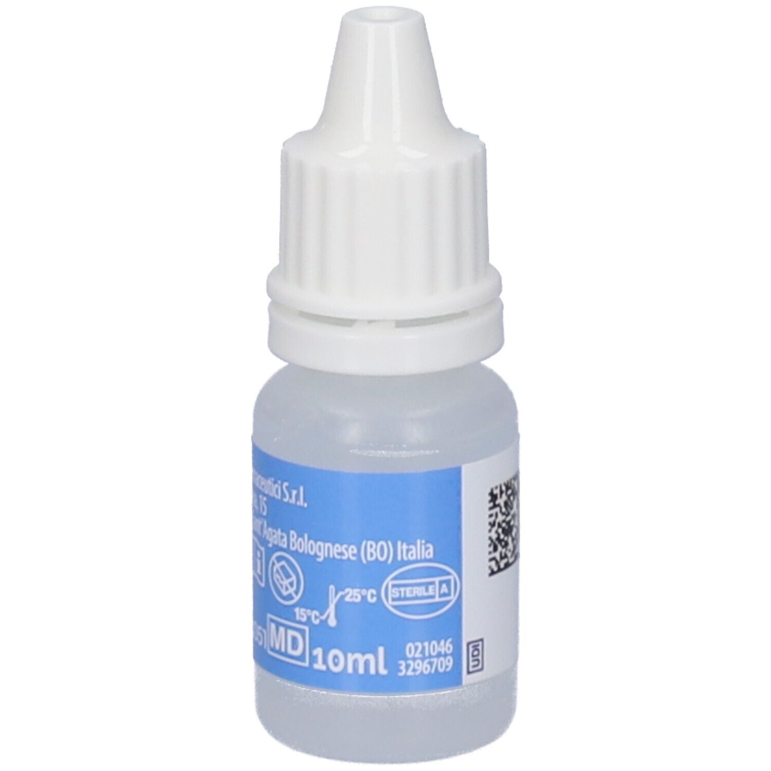 Kleine, transparente Flasche mit weißem Verschluss. Etikett mit Produktinformationen und 10ml. Für müde Augen.