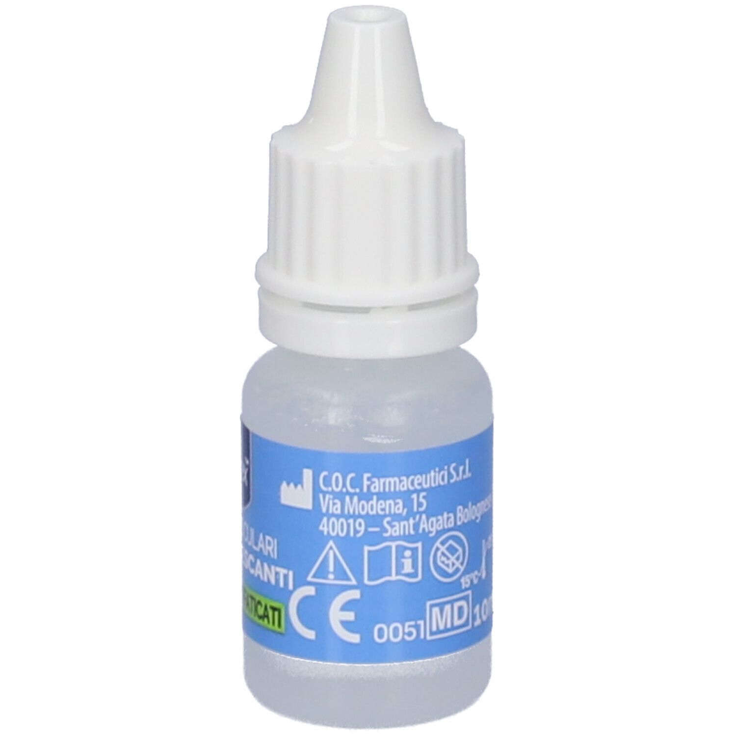 Transparente Flasche mit weißem Verschluss. Etikett mit Produktinformationen und CE-Kennzeichnung. Für müde Augen.