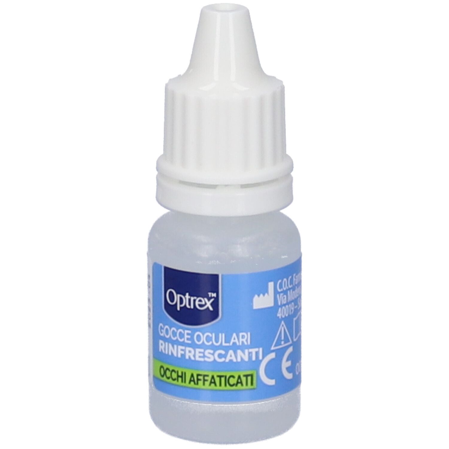 Kleine, transparente Flasche mit weißem Verschluss. Etikett mit Produktnamen und CE-Kennzeichnung. Für müde Augen.