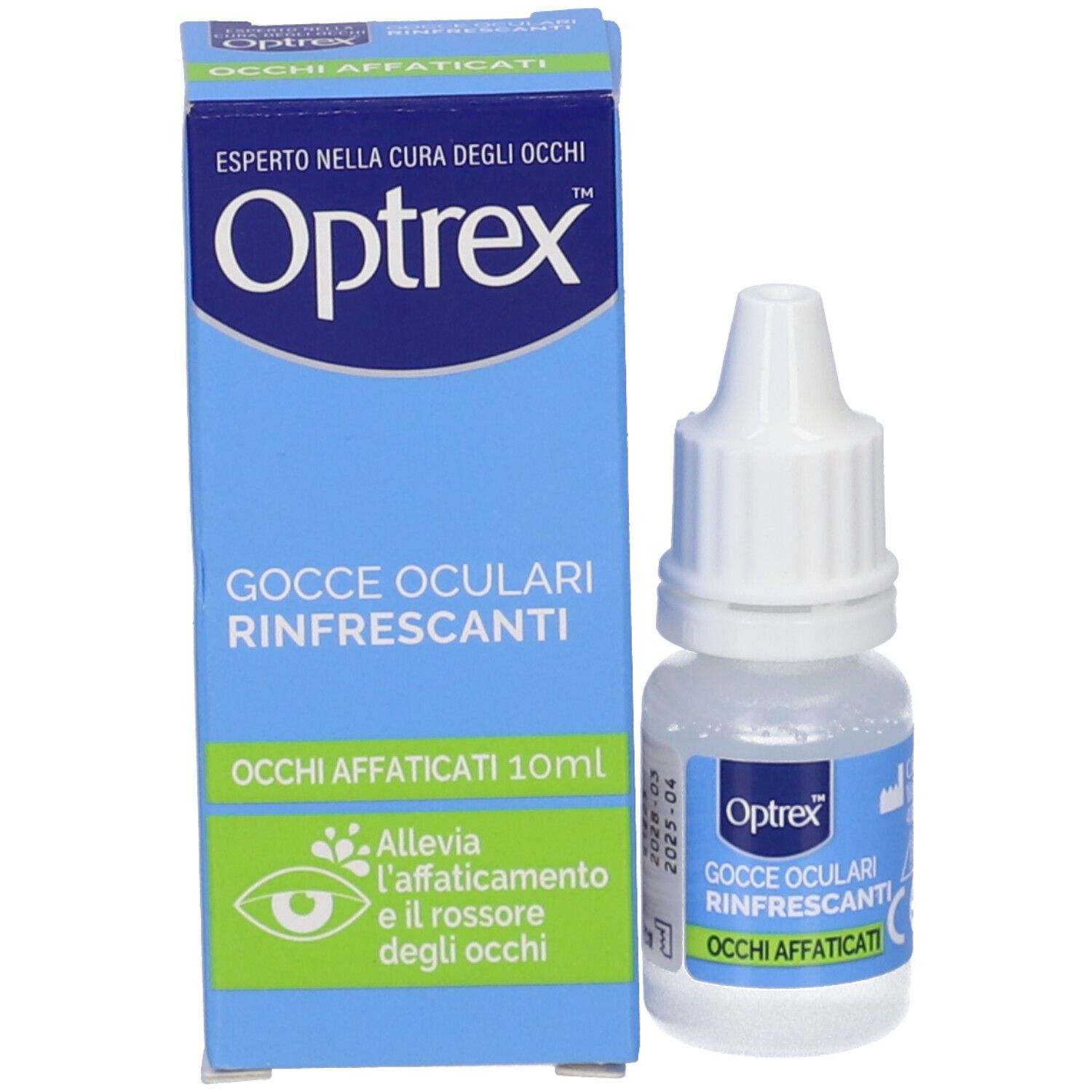 Produktverpackung und Flasche. Blaue Schachtel mit Produktnamen und 10ml. Für müde Augen. Mit grüner Illustration.
