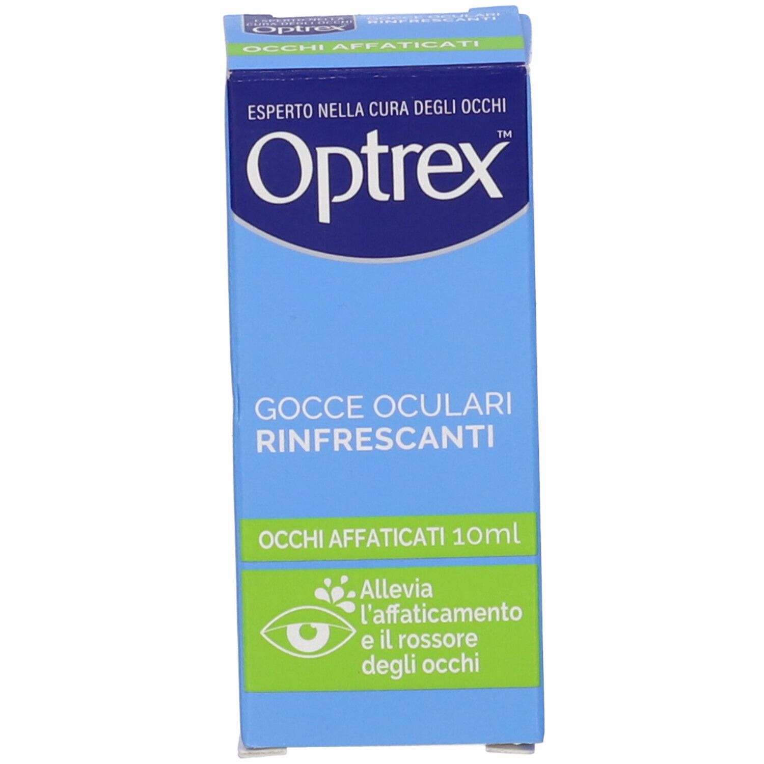 Blaue Produktverpackung mit Produktnamen und 10ml. Für müde Augen. Mit grüner Illustration.