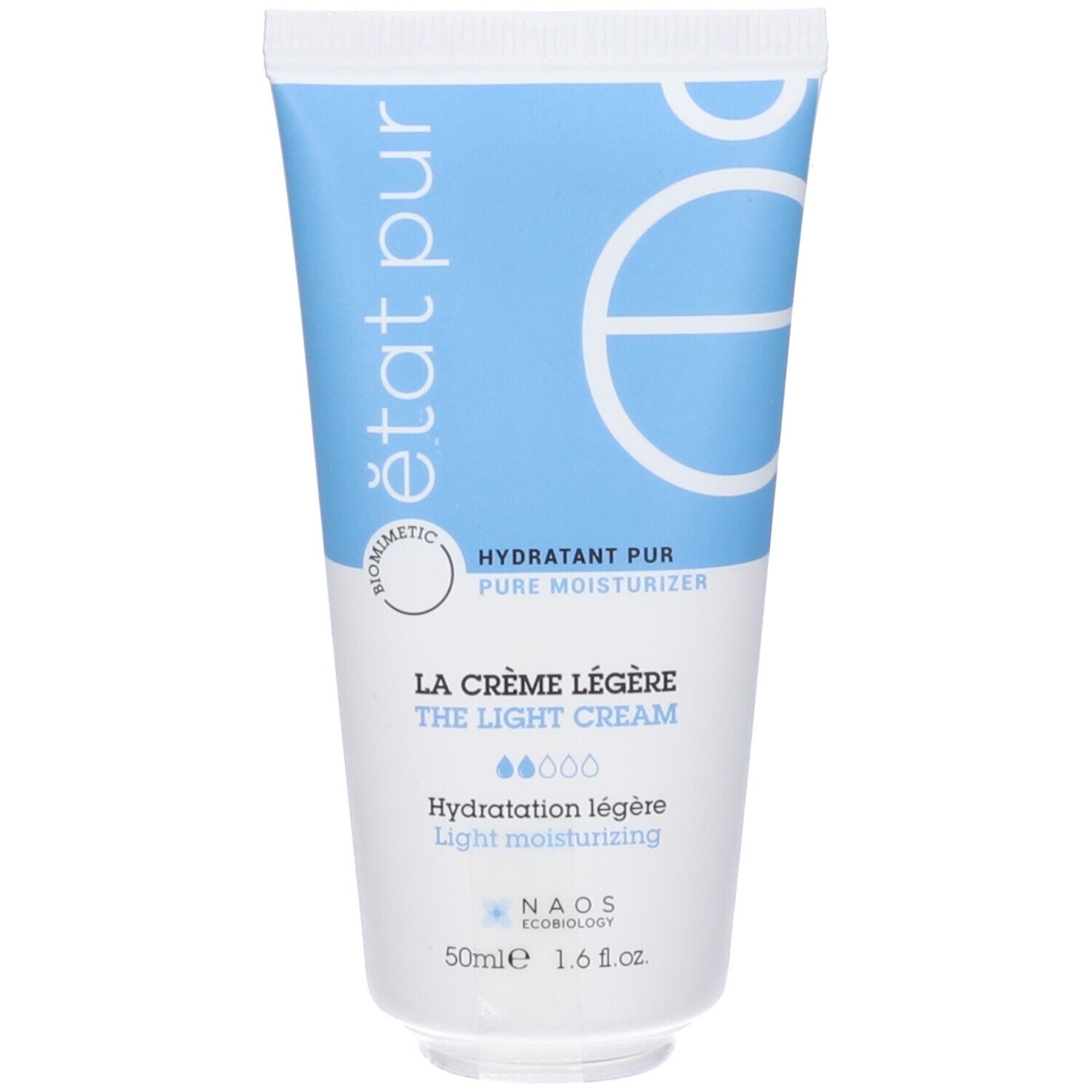 Tubo crema blu e bianco. Scritte: Etat Pur, La Crème Légère, Hydratation légère. 50ml.