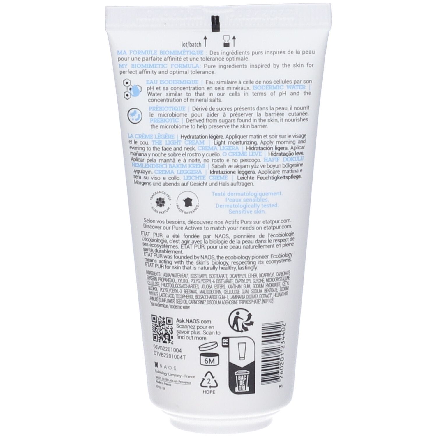 Retro di un tubo di crema. Testo multilingue. Contiene informazioni sugli ingredienti e l'uso.