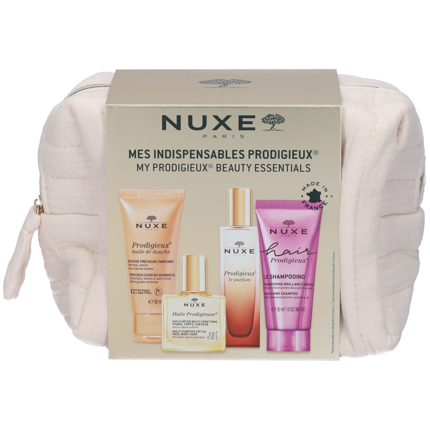 Beauty case con prodotti Nuxe: gel doccia, olio, profumo, shampoo. Nome del prodotto sulla confezione.