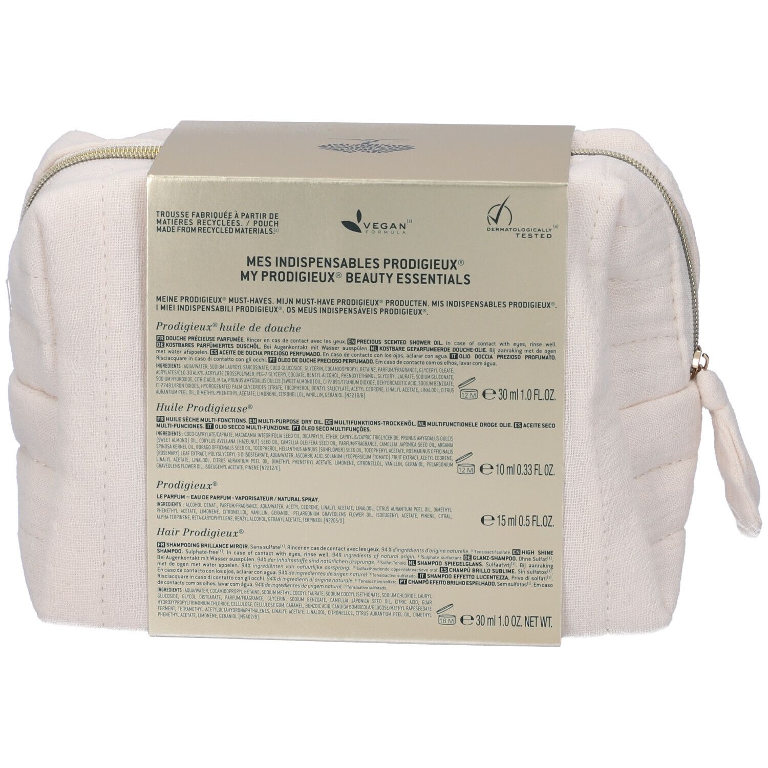 Retro del beauty case con informazioni sui prodotti e ingredienti. Logo vegano.