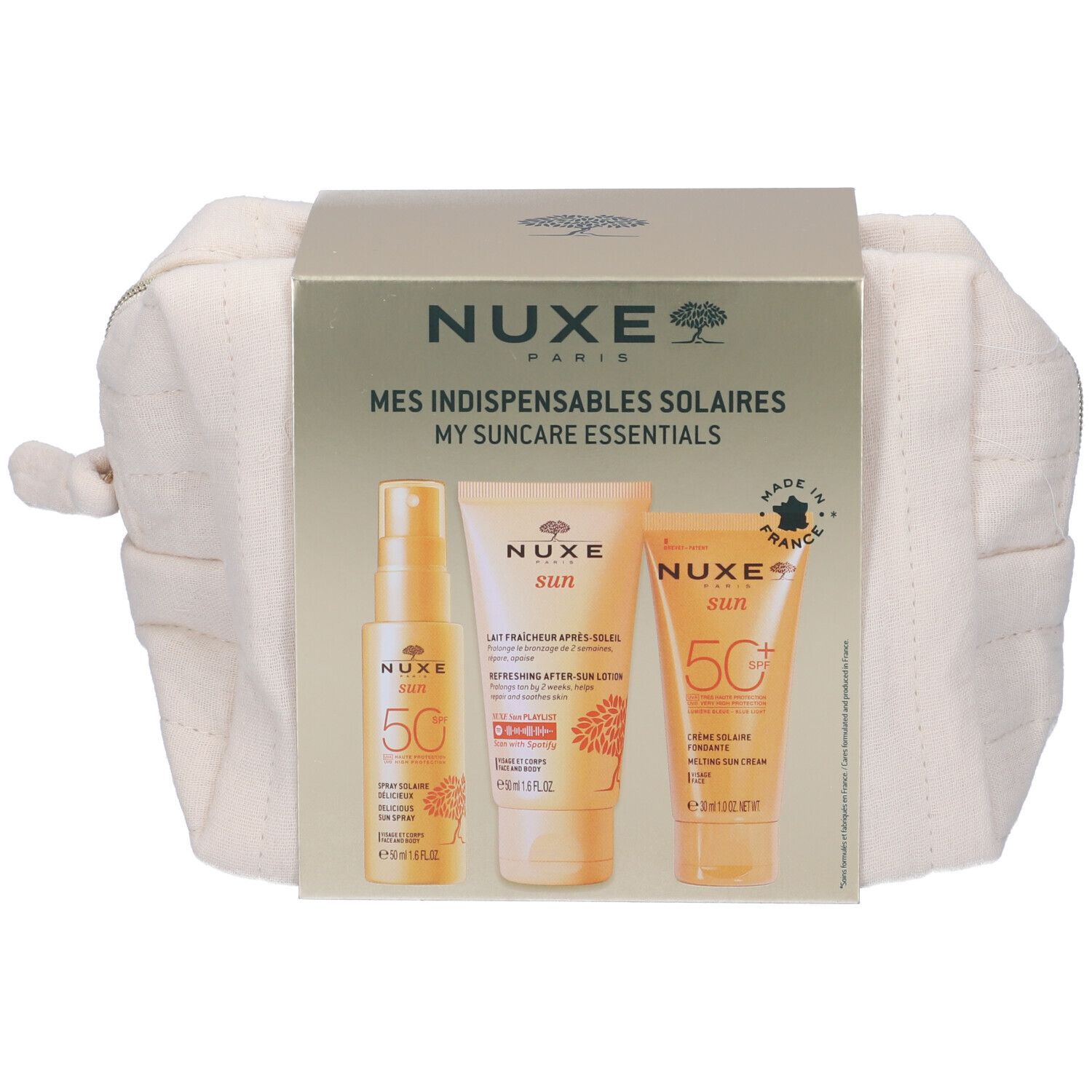 Set Nuxe Sun con tre prodotti solari e pochette crema. Scritte: Nuxe, Mes Indispensables Solaires, My Suncare Essentials.