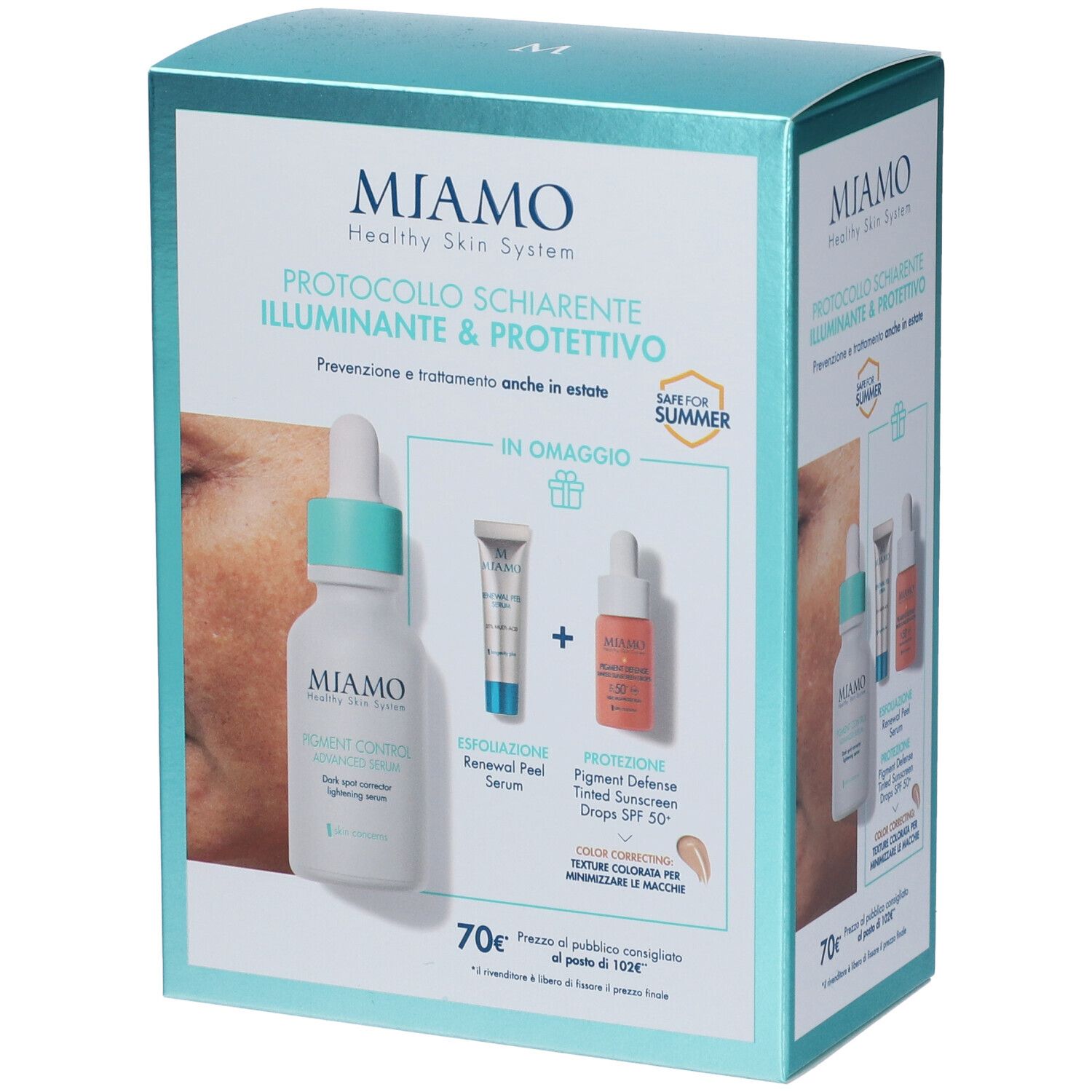Confezione regalo Miamo. Contiene siero, crema e gocce. Scritto: Protocollo Schiarente Illuminante & Protettivo.