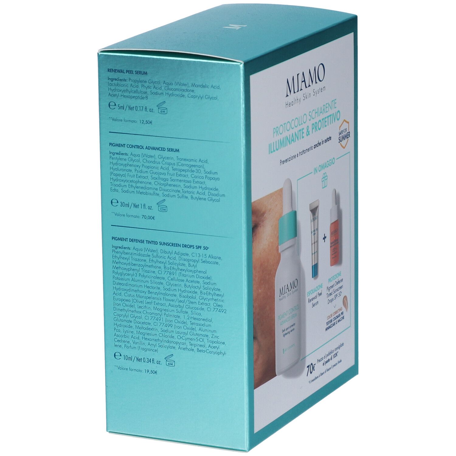 Retro della confezione regalo. Contiene ingredienti e informazioni. Scritto: Miamo, Protocollo Schiarente Illuminante & Protettivo.