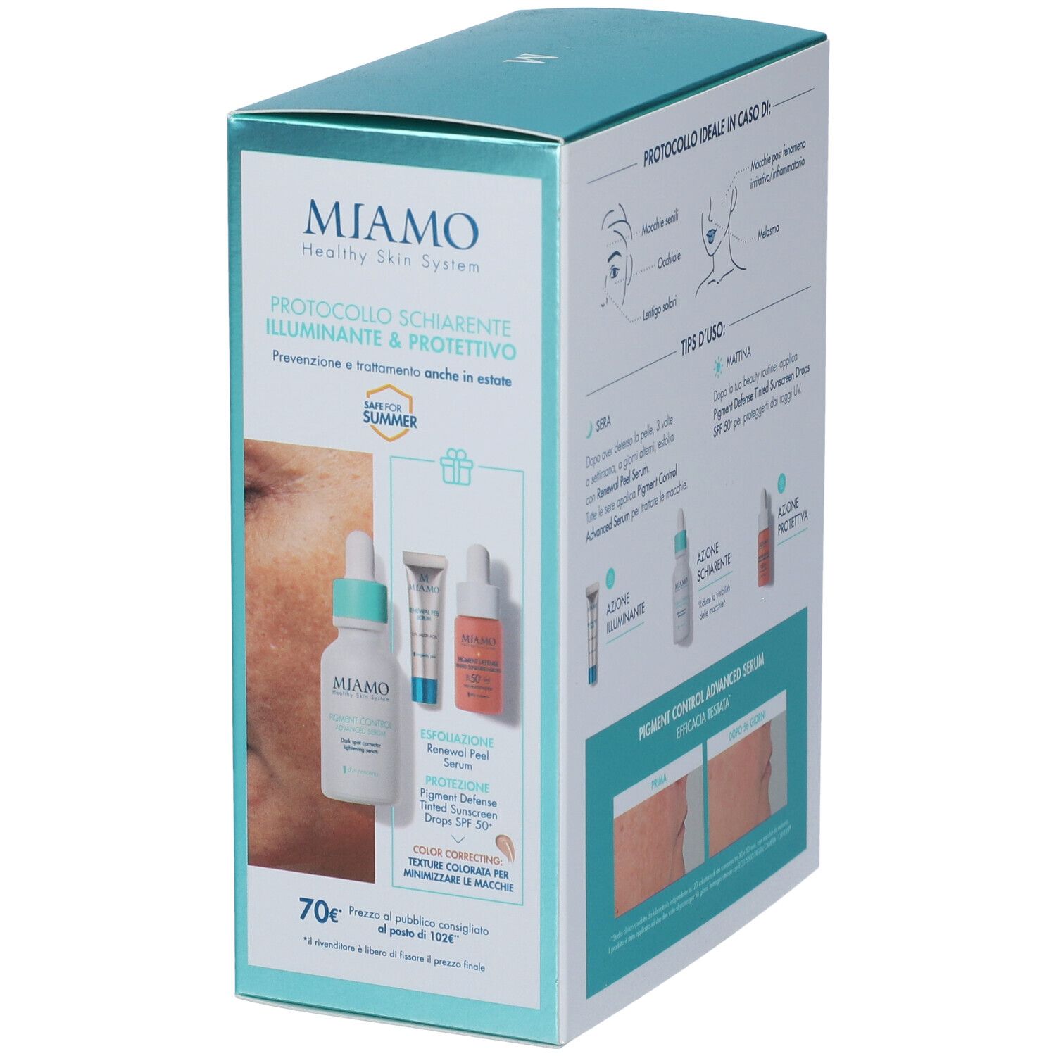 Confezione regalo Miamo. Contiene siero, crema e gocce. Scritto: Protocollo Schiarente Illuminante & Protettivo.