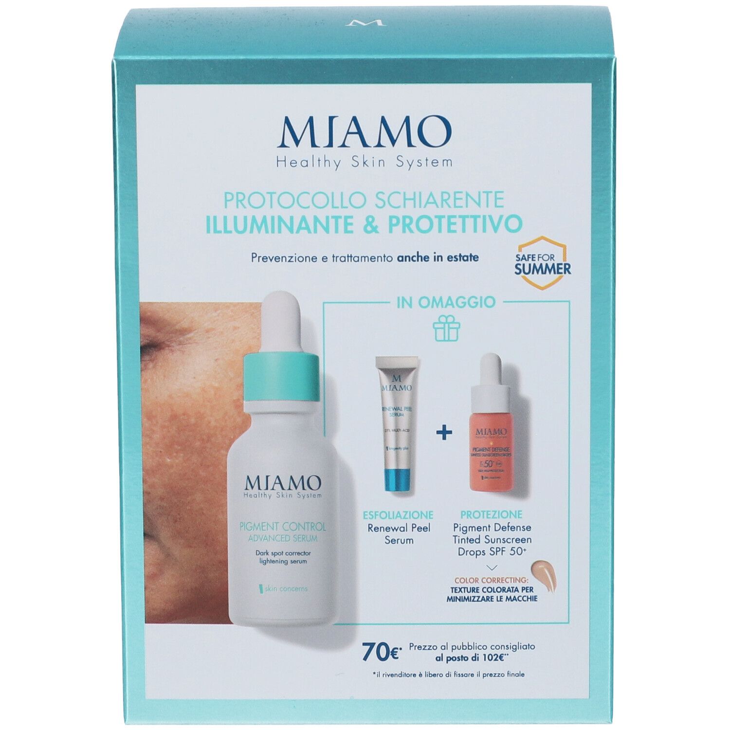 Confezione regalo Miamo. Contiene siero, crema e gocce. Scritto: Protocollo Schiarente Illuminante & Protettivo.