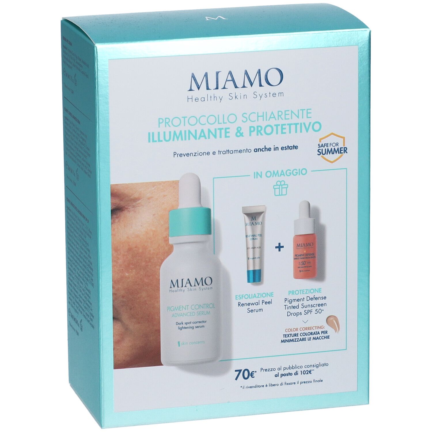Confezione regalo Miamo. Contiene siero, crema e gocce. Scritto: Protocollo Schiarente Illuminante & Protettivo.