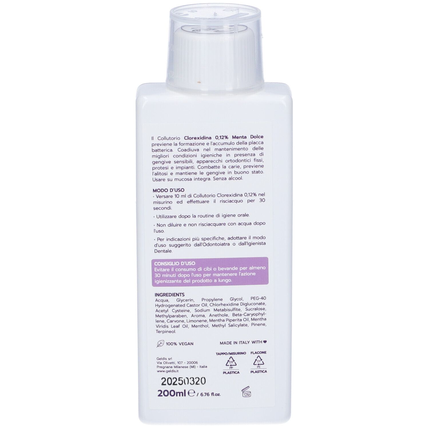 Weiße Flasche mit Mundspülung, 200ml, mit detaillierten Anwendungshinweisen und Inhaltsstoffen.