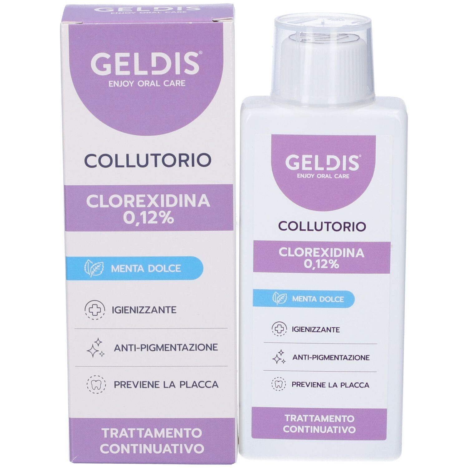 GELDIS Chlorhexidin 0,12% Mundspülung mit süßer Minze. Hygienisierend, anti-pigmentierend, beugt Plaque vor.