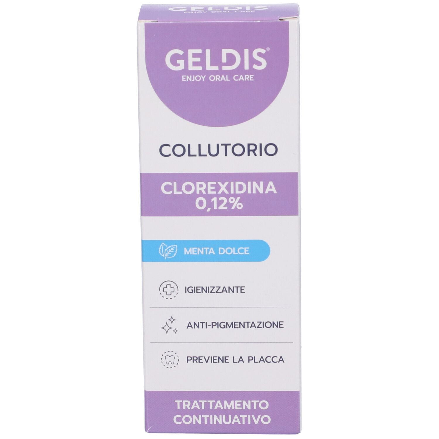 Geldis Mundwasser mit Chlorhexidin 0,12% und süßer Minze. Hygienisierend, anti-pigmentierend, beugt Plaque vor.