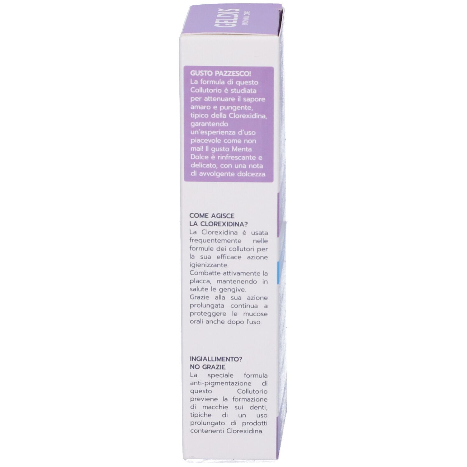 Verpackungsseite eines Mundspülungsprodukts mit italienischem Text über Inhaltsstoffe und Anwendung.