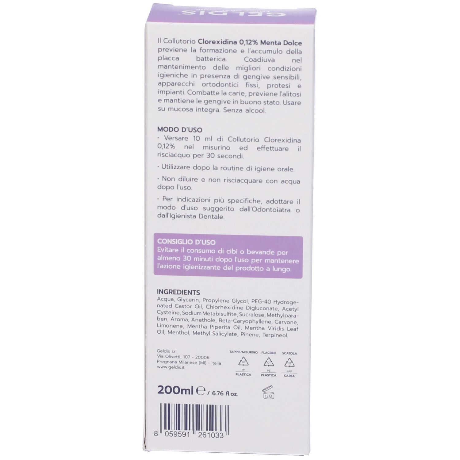 Geldis Chlorhexidin 0,12% Minze Mundwasser, 200ml Flasche.