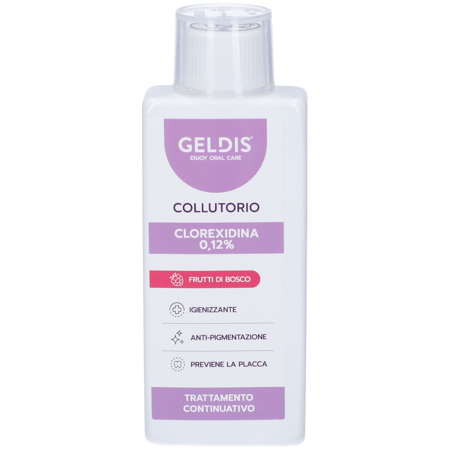 Flacone bianco con etichetta viola. Testo: GELDIS, COLLUTORIO, Clorexidina 0,12%, Frutti di Bosco. Con tappo.