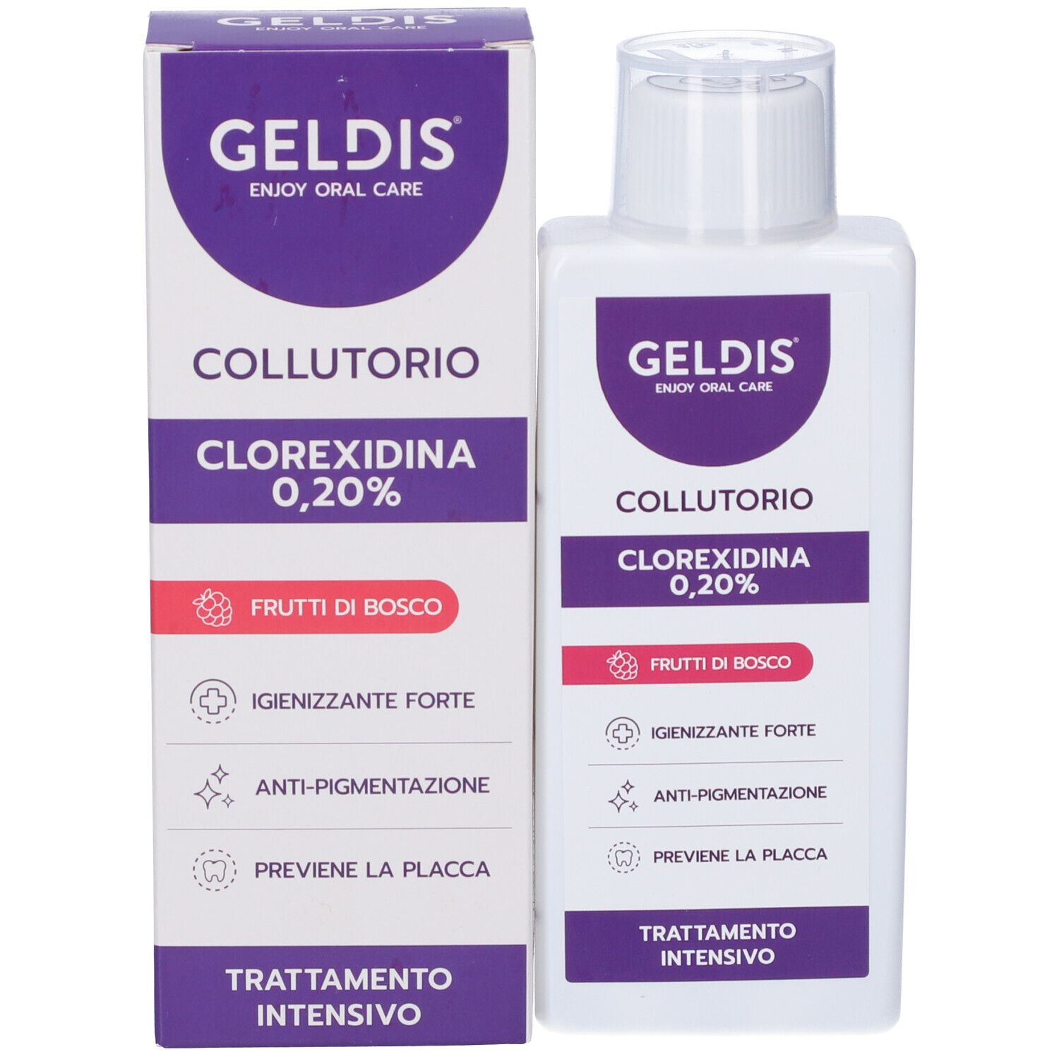 Zahnspülung Geldis Clorexidina 0,20% Frutti Di Bosco mit Verpackung. Flasche und Schachtel mit Produktinformationen.
