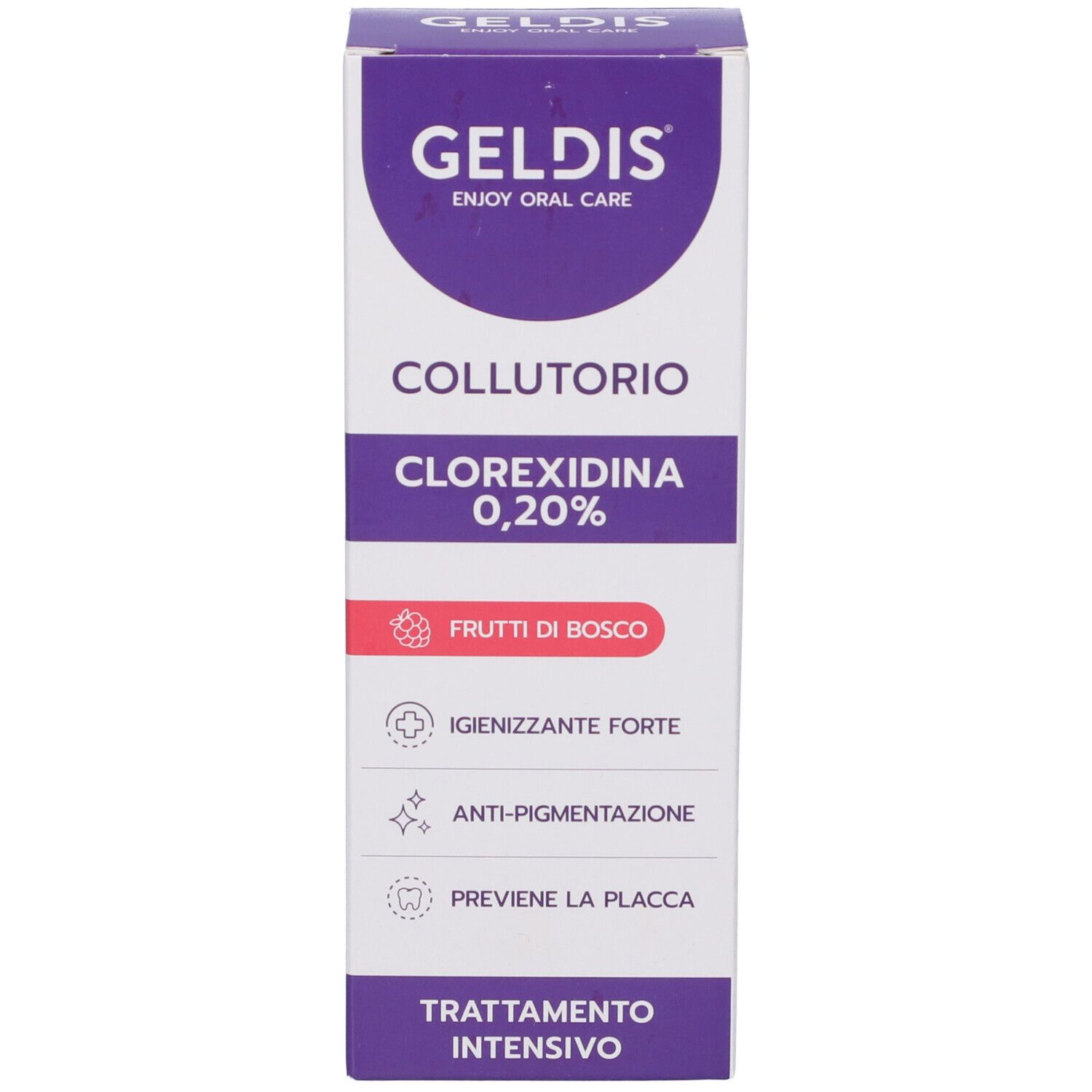 Verpackung der Zahnspülung Geldis Clorexidina 0,20% Frutti Di Bosco. Schachtel mit Produktinformationen und Logo.