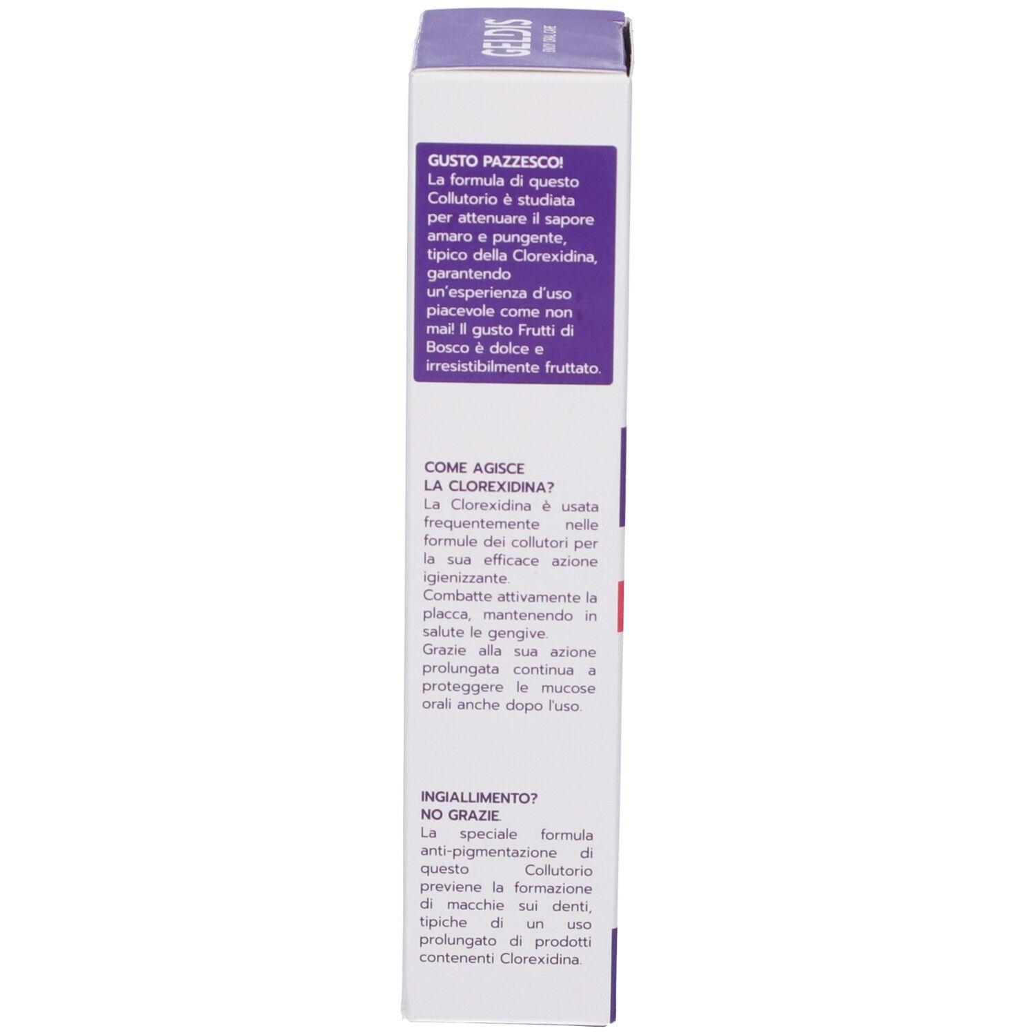 Seite der Verpackung der Zahnspülung Geldis Clorexidina 0,20%. Text über Geschmack und Wirkung.