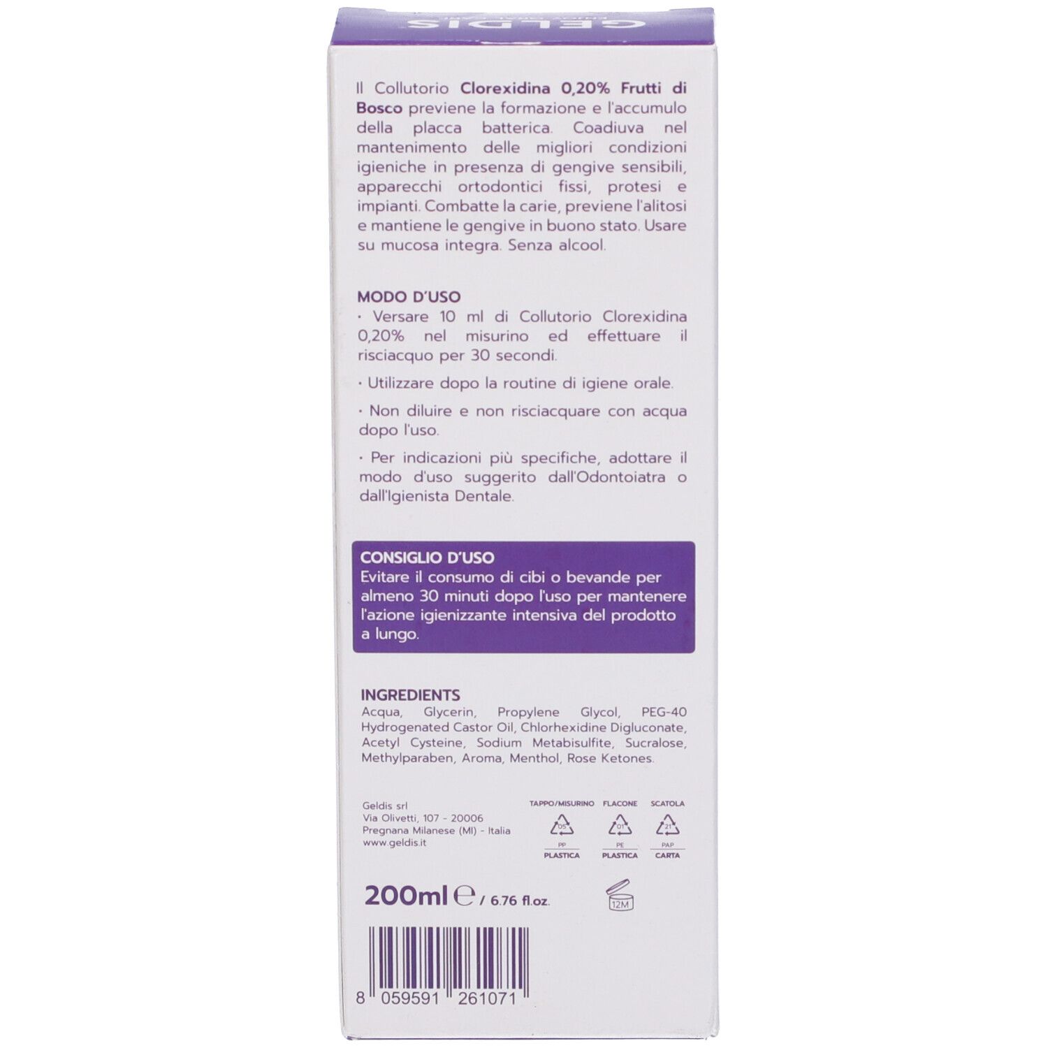 Rückseite der Verpackung der Zahnspülung Geldis Clorexidina 0,20%. Text mit Anweisungen, Inhaltsstoffen und Herstellerinformationen.