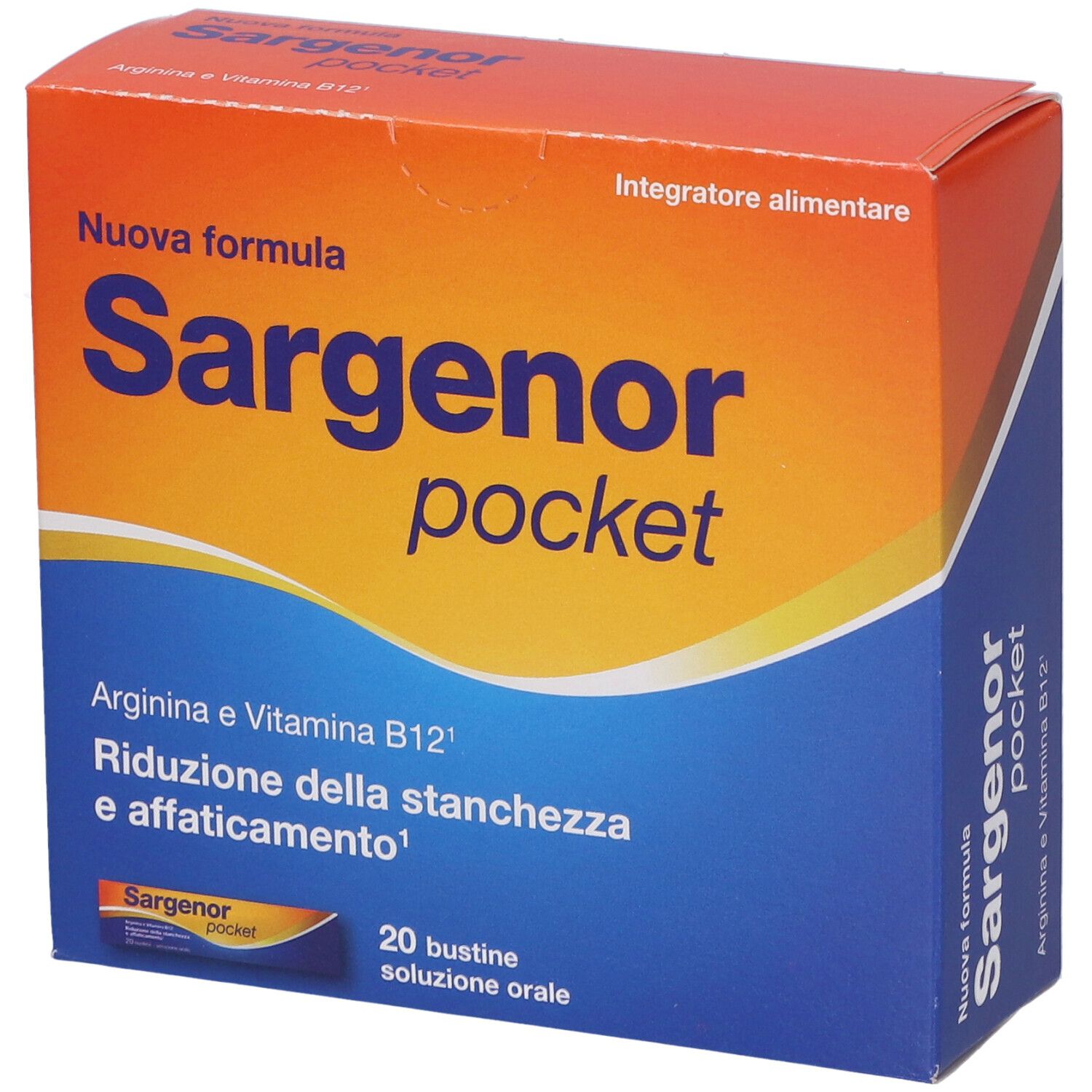 Scatola arancione e blu "Sargenor pocket". Contiene 20 bustine. Testo: "Arginina e Vitamina B12".