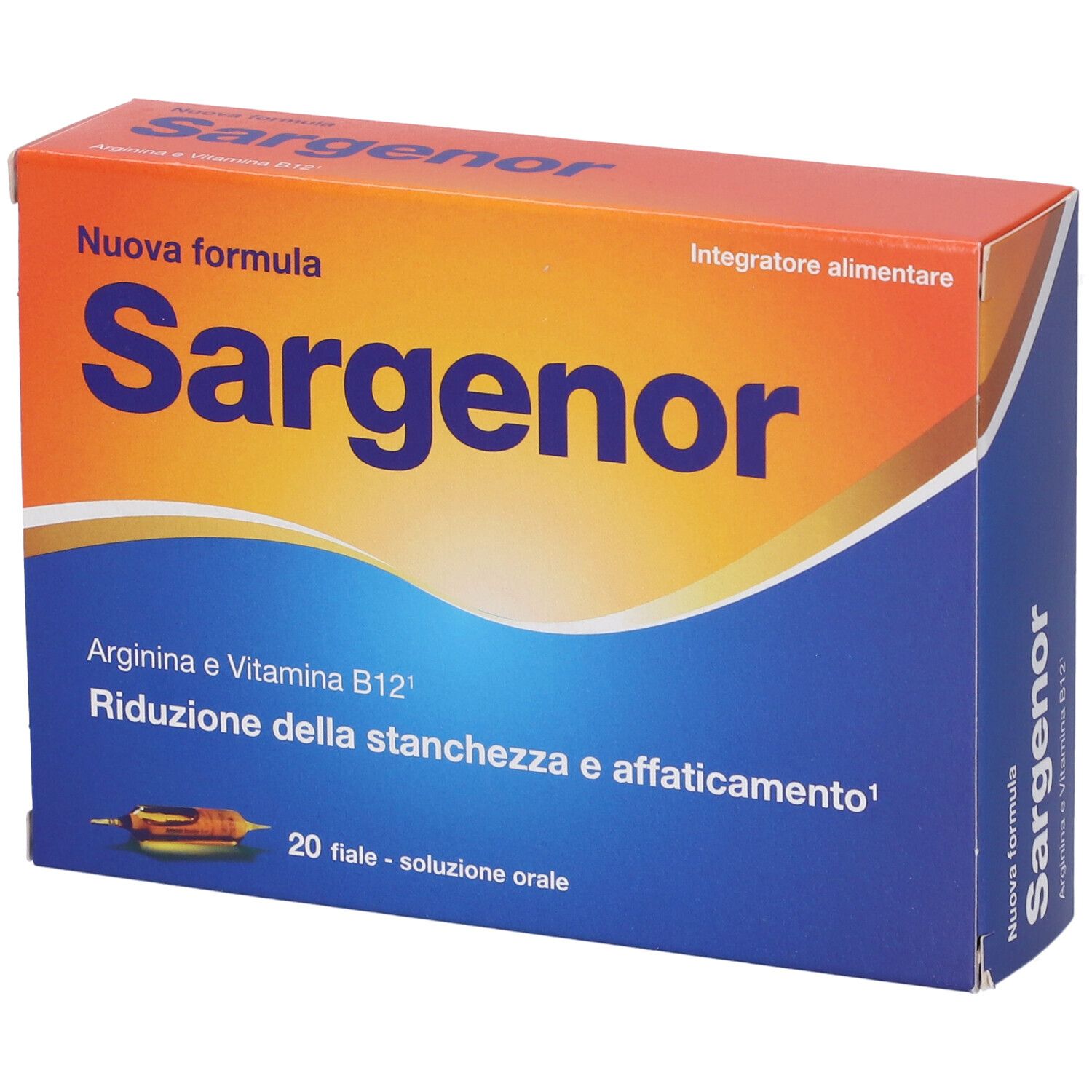 Scatola "Sargenor". Contiene 20 fiale. Confezione blu e arancione con informazioni sul prodotto.
