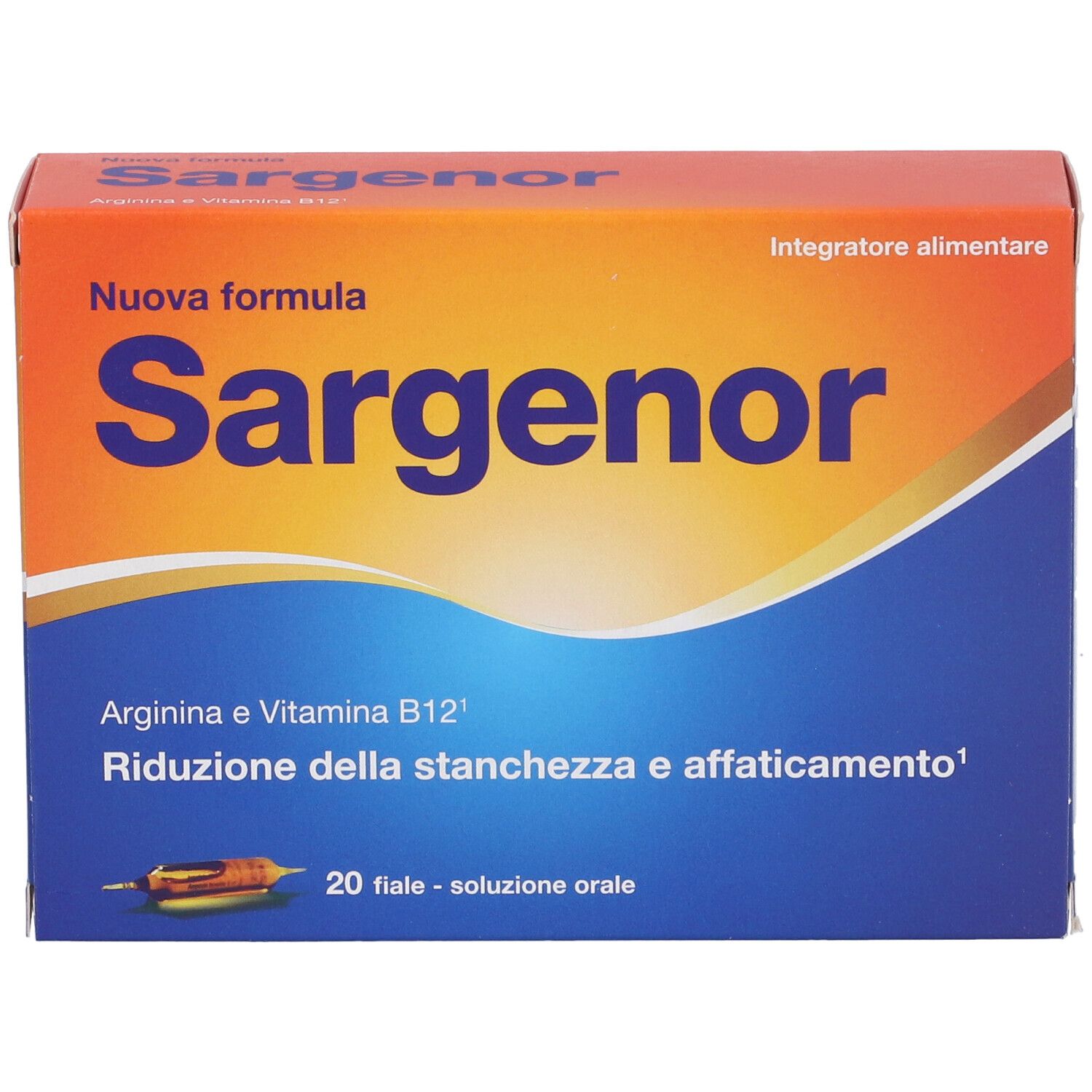Scatola "Sargenor". Contiene 20 fiale. Confezione blu e arancione con informazioni sul prodotto.