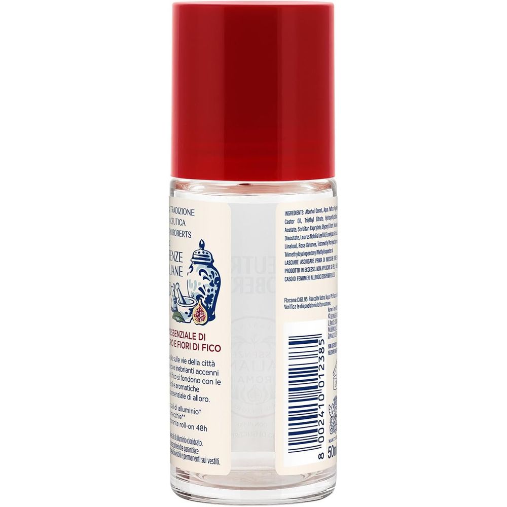 Roll-on-Deodorant mit rotem Verschluss und weißem Etikett mit Feigenmotiv. Enthält Aluminium.