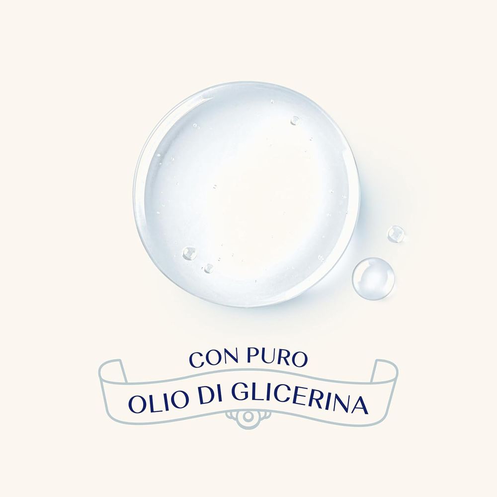 Ein großer Tropfen klarer Flüssigkeit mit kleineren Tropfen daneben. Darunter ein Banner mit der Aufschrift 'CON PURO OLIO DI GLICERINA'.