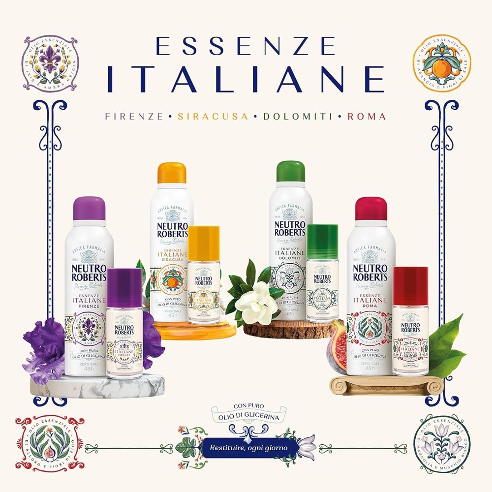 Neutro Roberts Essenze Italiane Kollektion mit verschiedenen Duftsprays und Roll-ons in bunten Verpackungen.