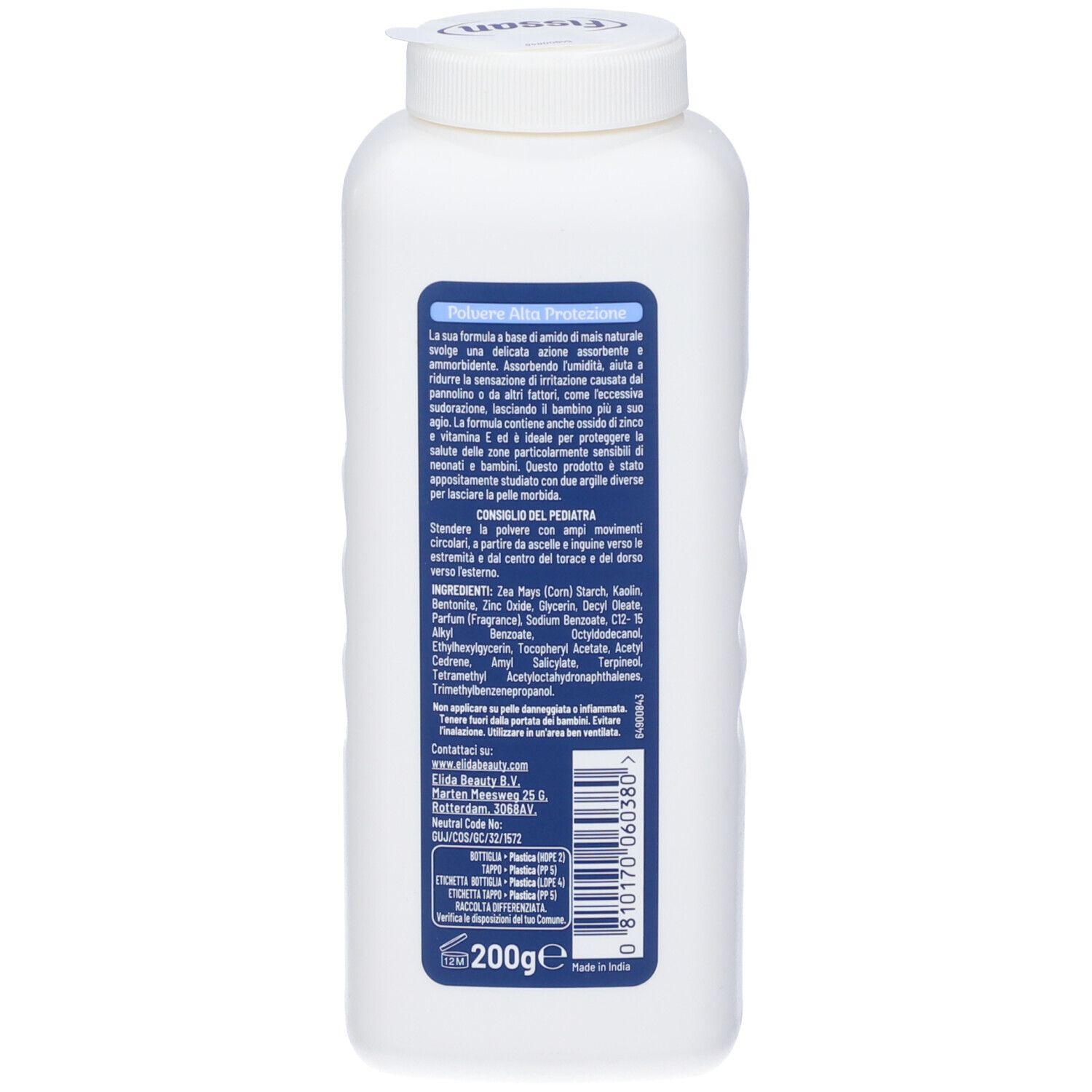 Rückseite der weißen Flasche. Blaue Etikett mit Text. Aufschrift: Fissan, Polvere Alta Protezione. Inhaltsstoffe und Herstellerinformationen.