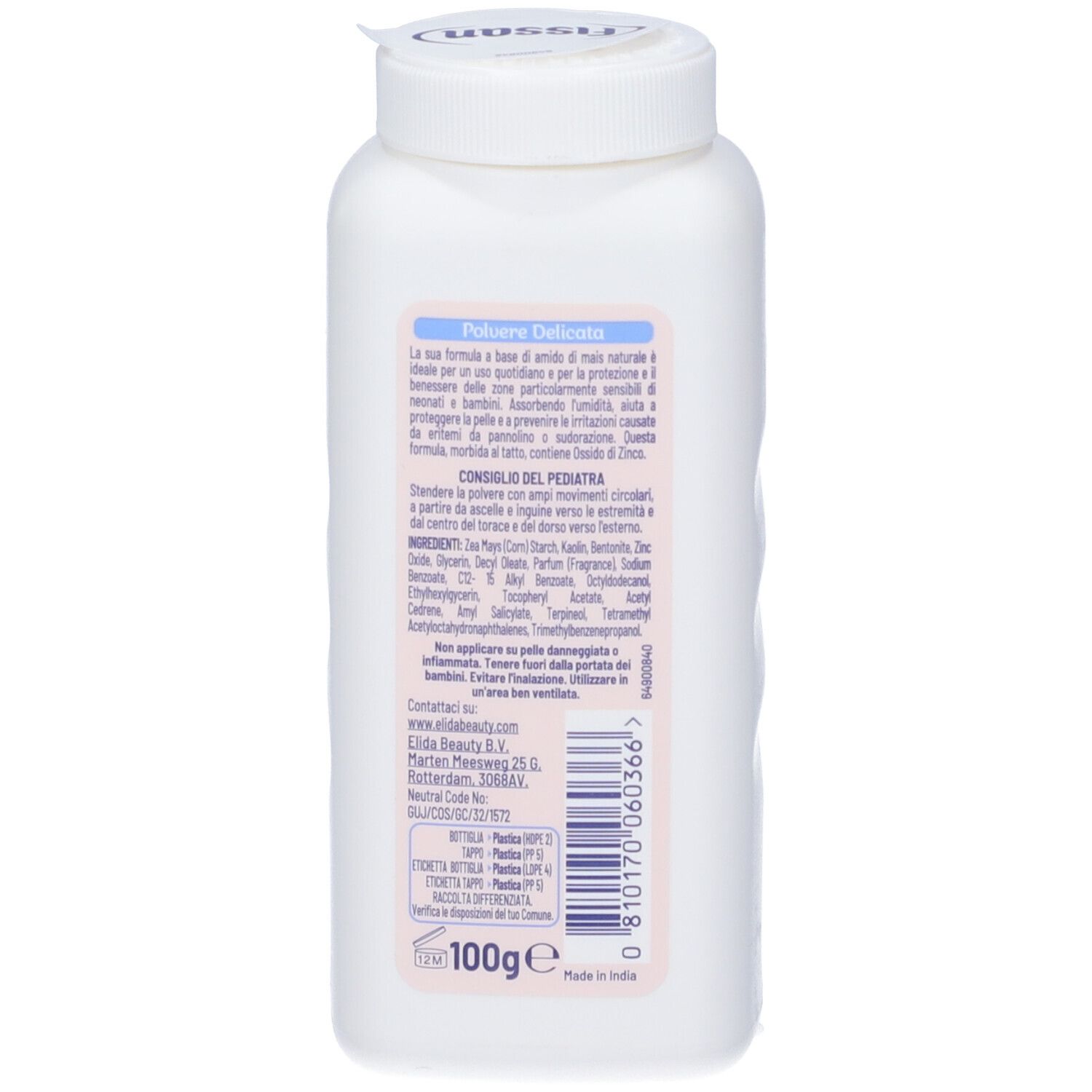 Rückseite der weißen Flasche. Text: Fissan Polvere Delicata. Inhaltsstoffe und Anwendungshinweise. Gewicht: 100g.