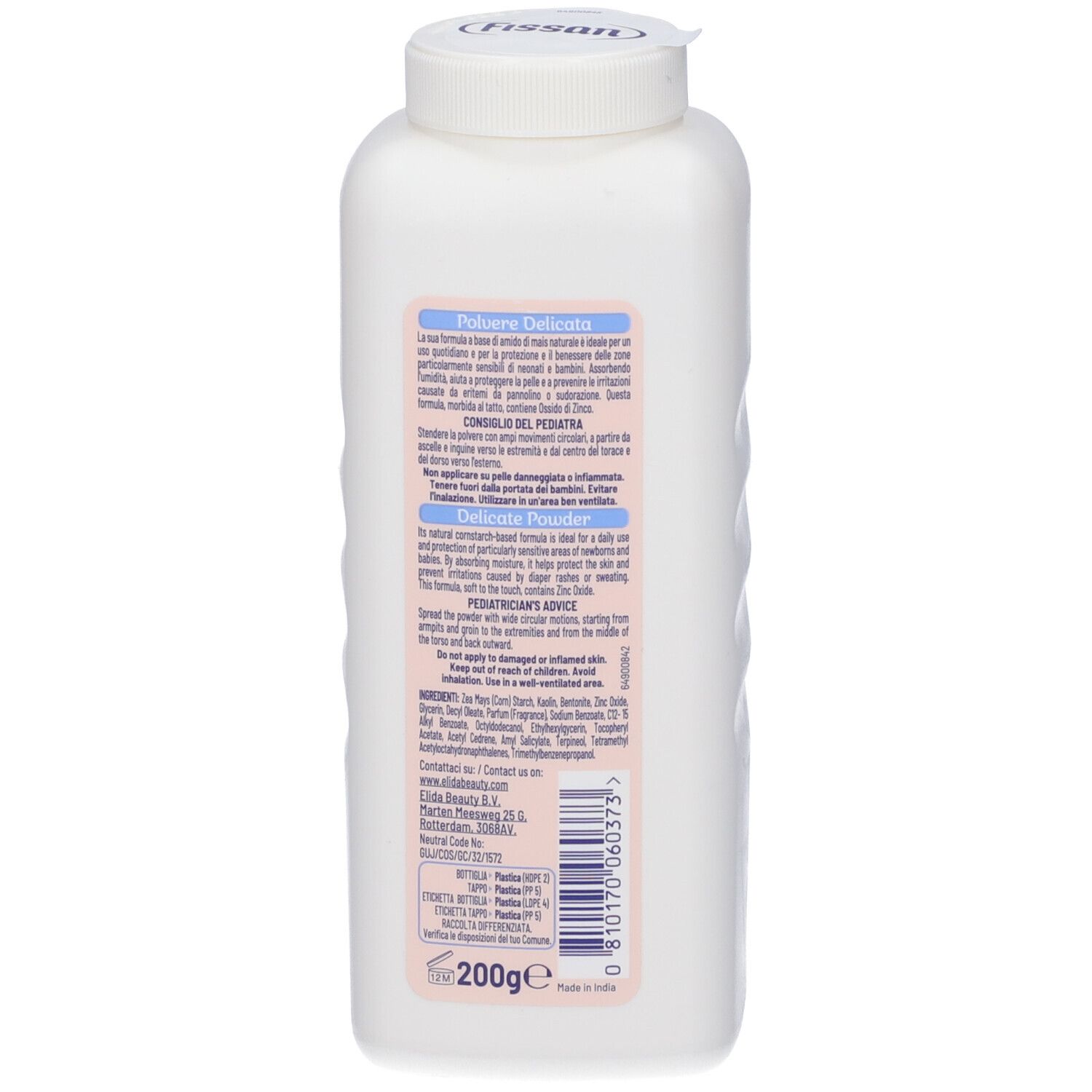 Rückseite der weißen Flasche. Text: Polvere Delicata, Pediatrician's Advice, Inhaltsstoffe. Unten: 200g.