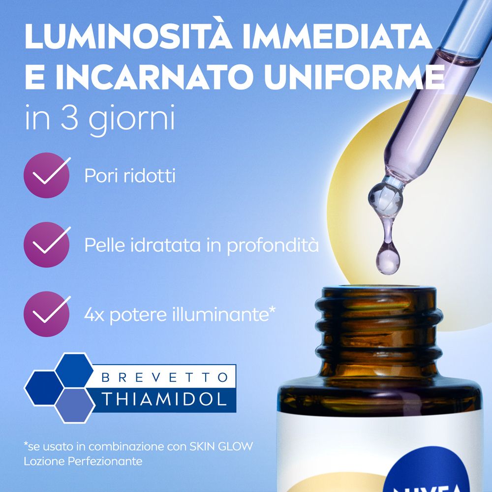 Flacone con pipetta e goccia. Testo: 'Luminosità Immediata e incarnato uniforme in 3 giorni'.
