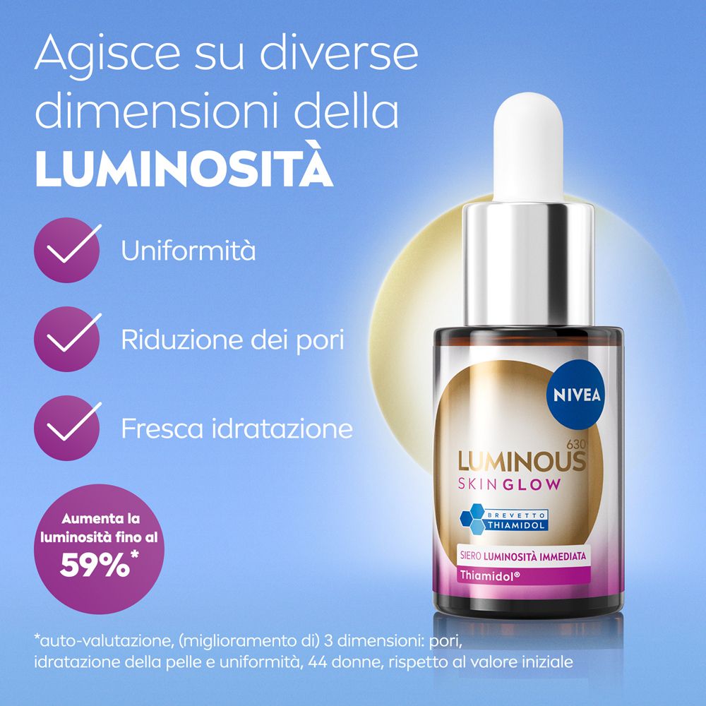 Flacone con pipetta. Testo: 'Agisce su diverse dimensioni della luminosità'.