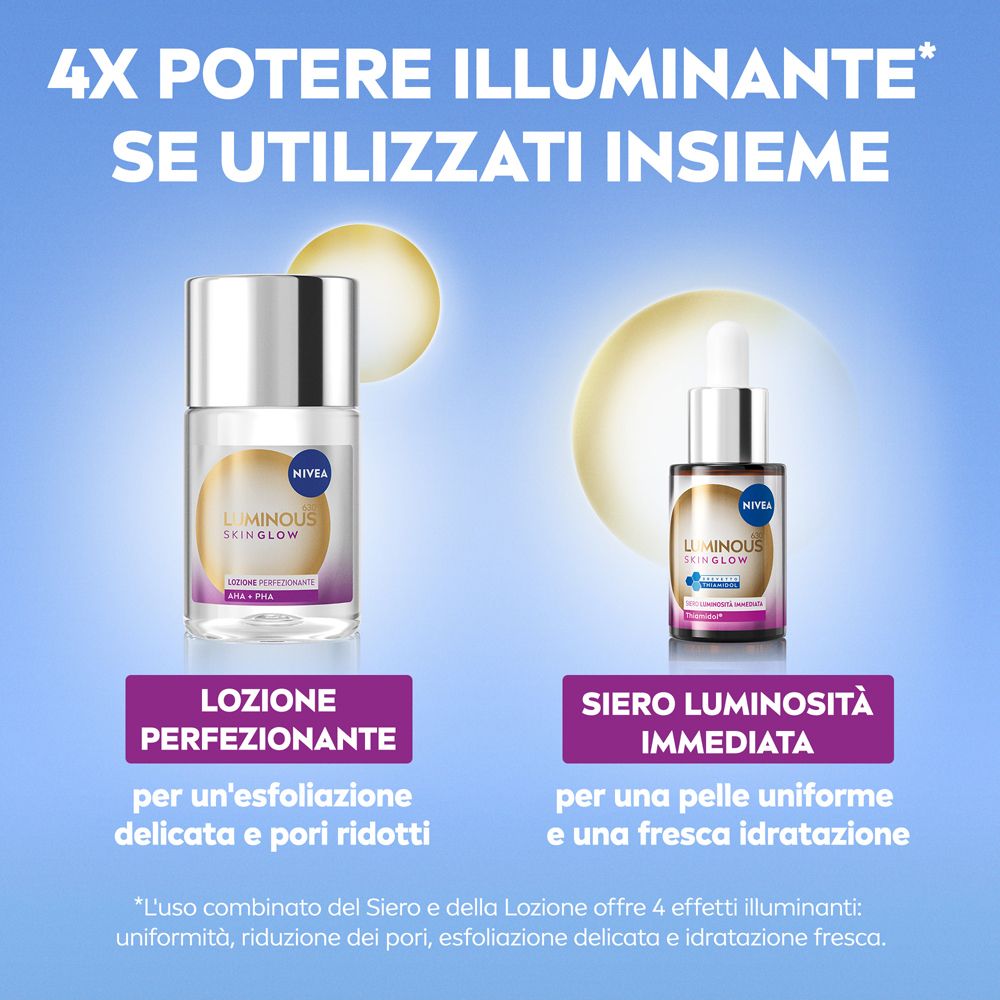 Due flaconi affiancati. Testo: '4x potere illuminante se utilizzati insieme'.