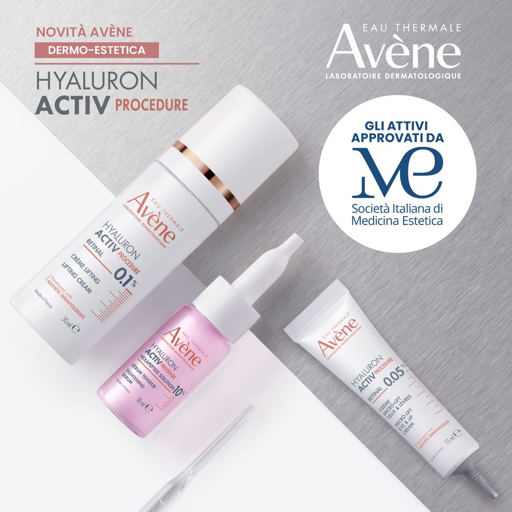 Drei Avène Produkte. HYALURON ACTIV PROCEDURE. Creme, Serum und Augencreme. Zertifizierung: Società Italiana di Medicina Estetica.