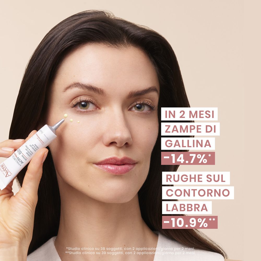 Frau mit Produkt. Text: In 2 Monaten: Krähenfüße -14,7%. Falten um die Lippen -10,9%.
